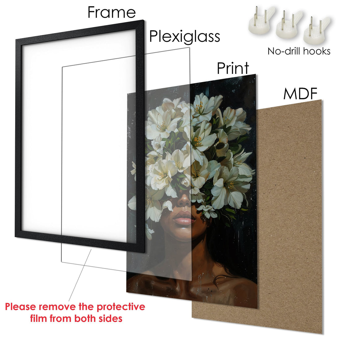 Framed Poster featuring a woman with floral crown, dark moody style, and a palette of white, black, and skin tones. Ready to hang art.