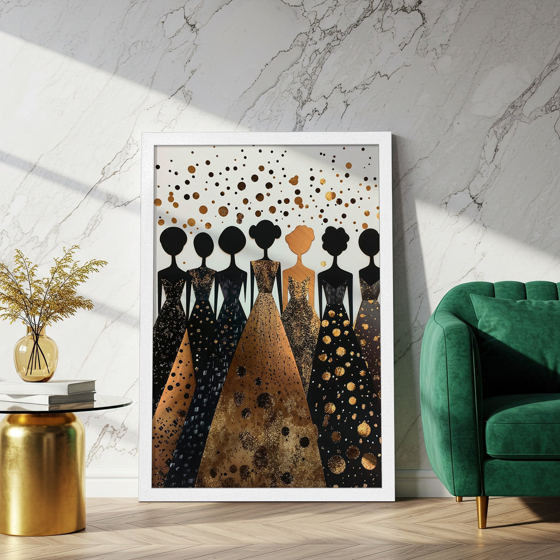 Framed Poster featuring elegant women in gowns, modern style, gold & black color palette. Perfect wall art!