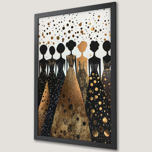 Framed Poster featuring elegant women in black & gold dresses. Abstract style, gold and black color palette, perfect for home decor.