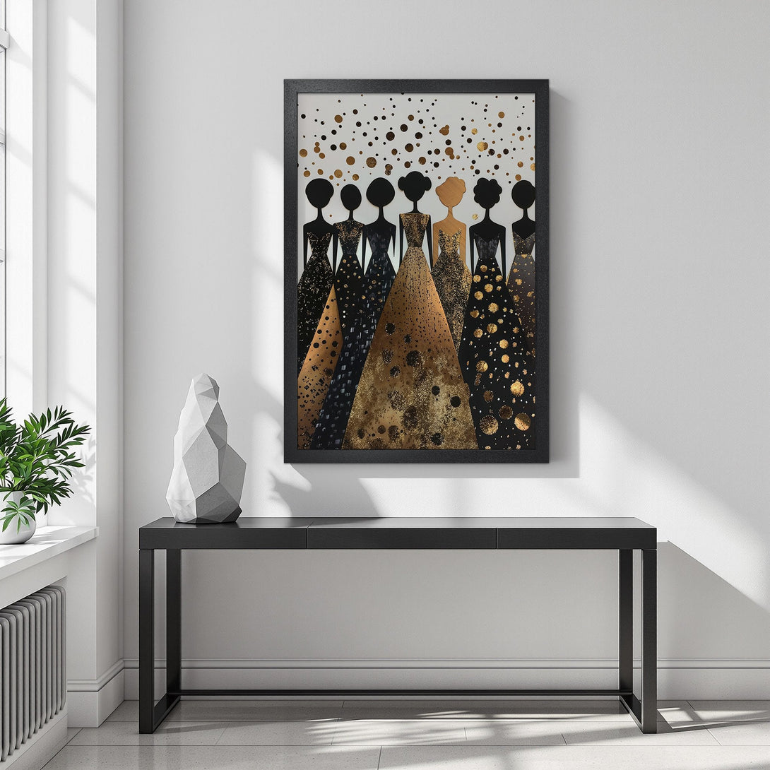 Framed Poster featuring elegant women in gowns, gold and black abstract art, modern style, perfect for home decor.