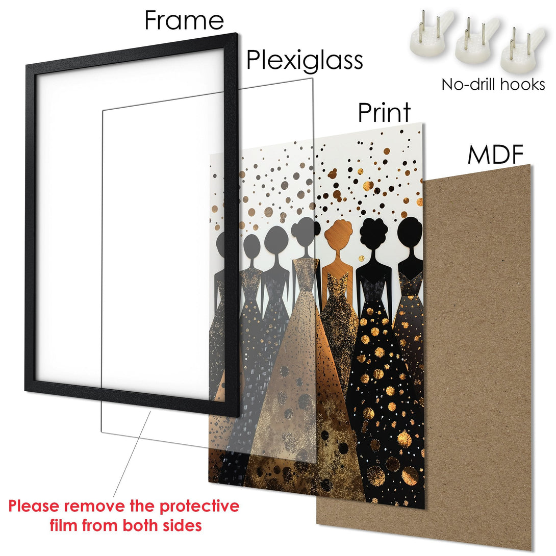 Framed Poster featuring elegant women in gold and black dresses, modern style, with a gold and black color palette.