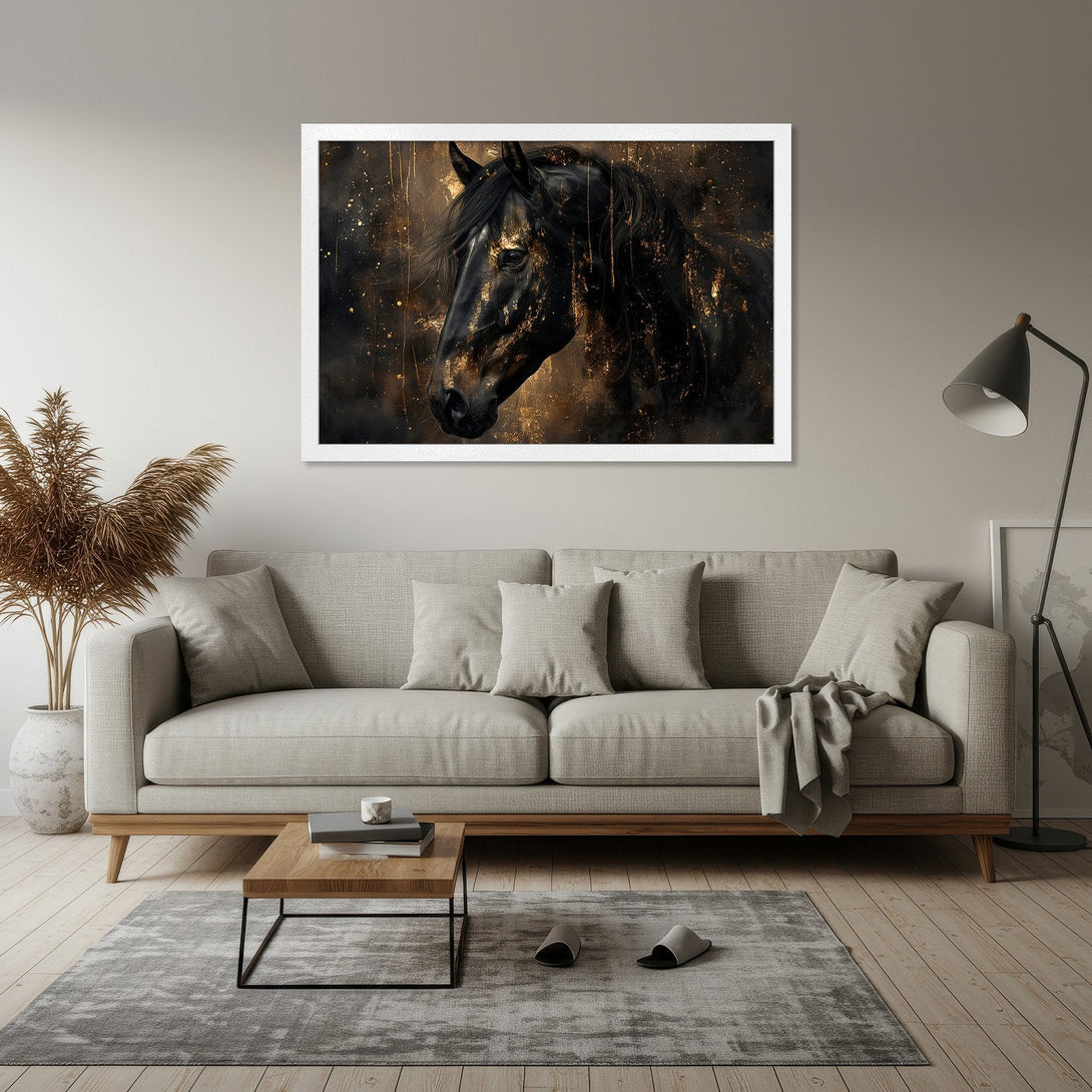 Framed Poster featuring a majestic black horse with gold accents. Dramatic art in a dark, elegant color palette. Perfect wall decor!