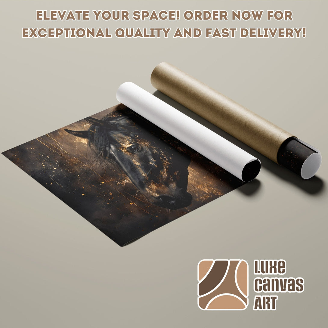 Poster Roll featuring a majestic horse, dark & gold tones, perfect for wall decor. Order yours today!