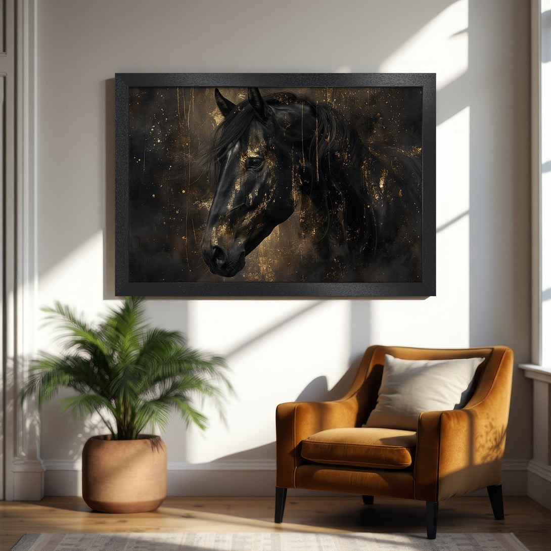 Framed Poster featuring a majestic black horse. Artistic style with gold accents on a dark background. Perfect wall art!