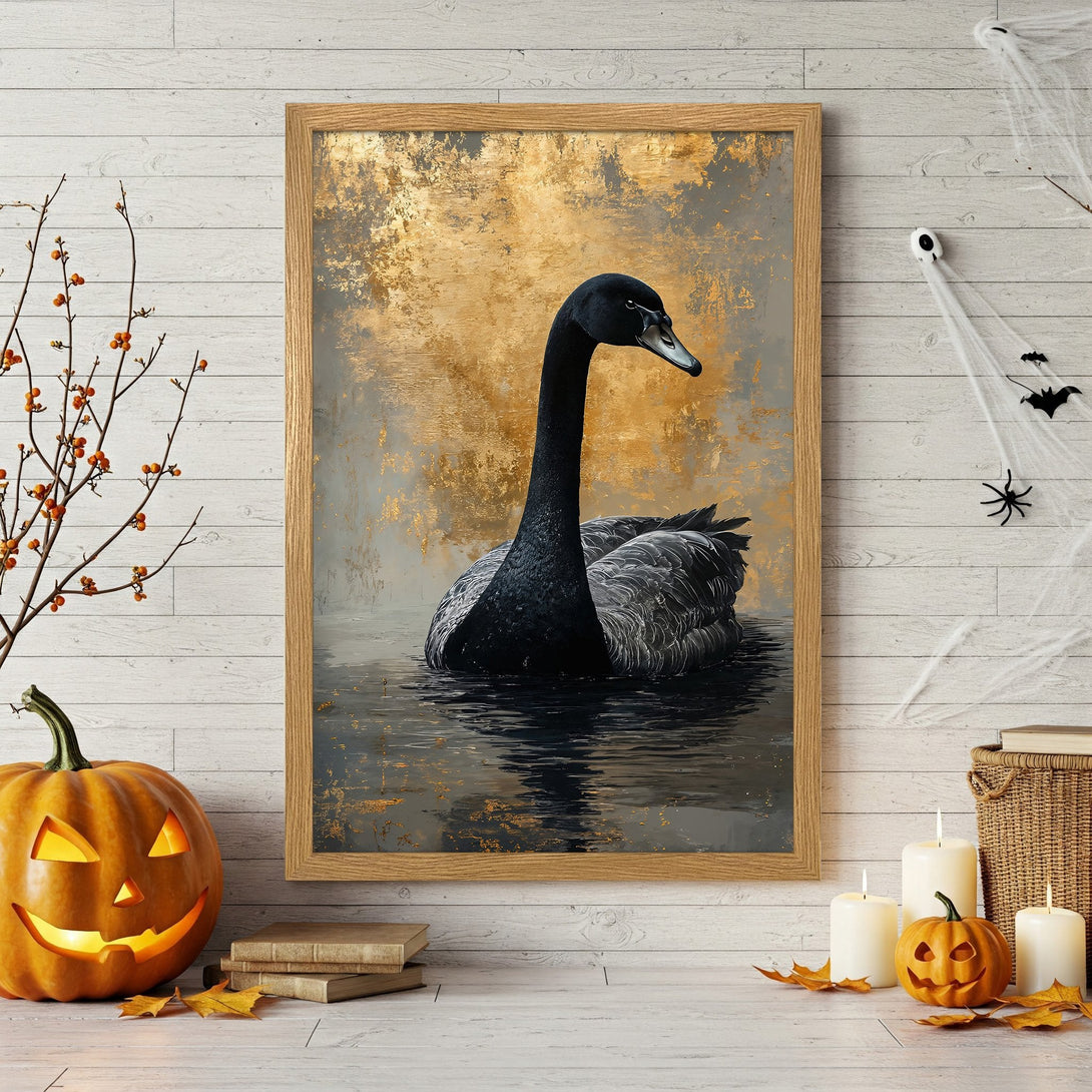 Framed Poster featuring a black swan in an abstract style with gold and grey tones. Perfect wall art for your home!