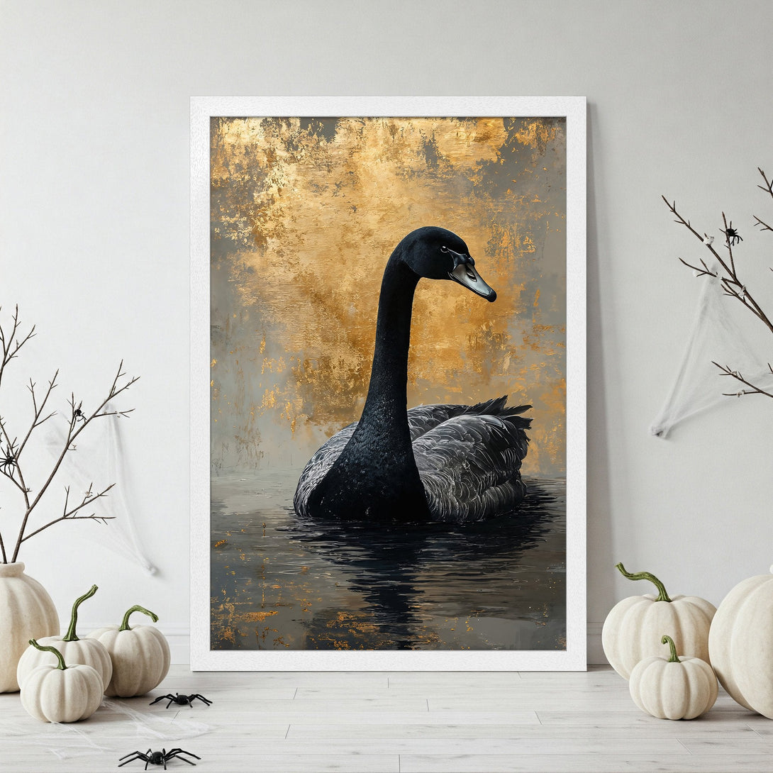Framed Poster featuring a black swan artwork in a gold and neutral color palette, perfect for adding elegance to your home decor.