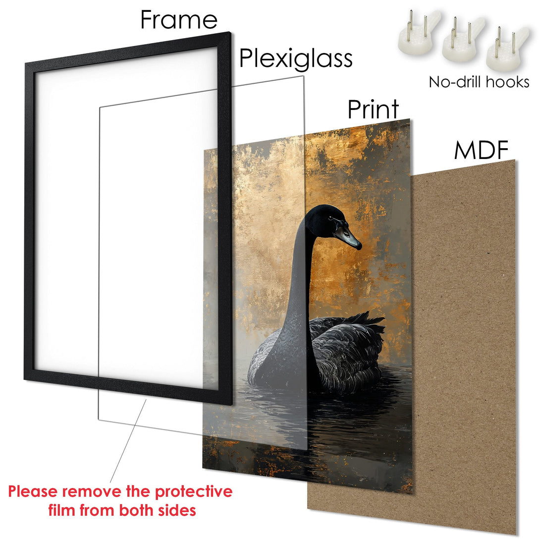 Framed Poster featuring a black swan in an abstract style with gold and neutral tones. Perfect wall art!