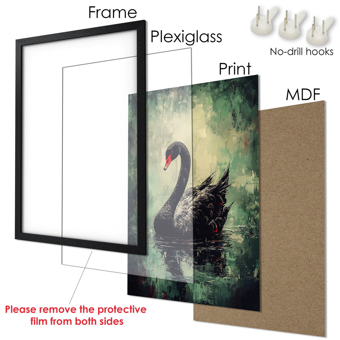 Framed Poster featuring a black swan in a painterly style with a green and dark color palette. Perfect art for your home!