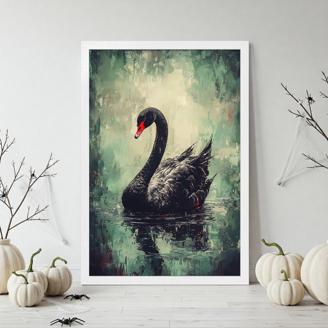 Framed Poster featuring a black swan in a painterly style with a green and red color palette. Perfect wall art for your home!
