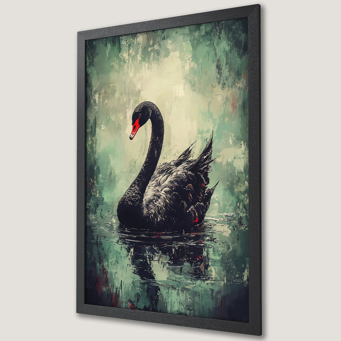 Framed Poster of a black swan in an impressionistic style, with a green and red color palette. Perfect wall art for your home.