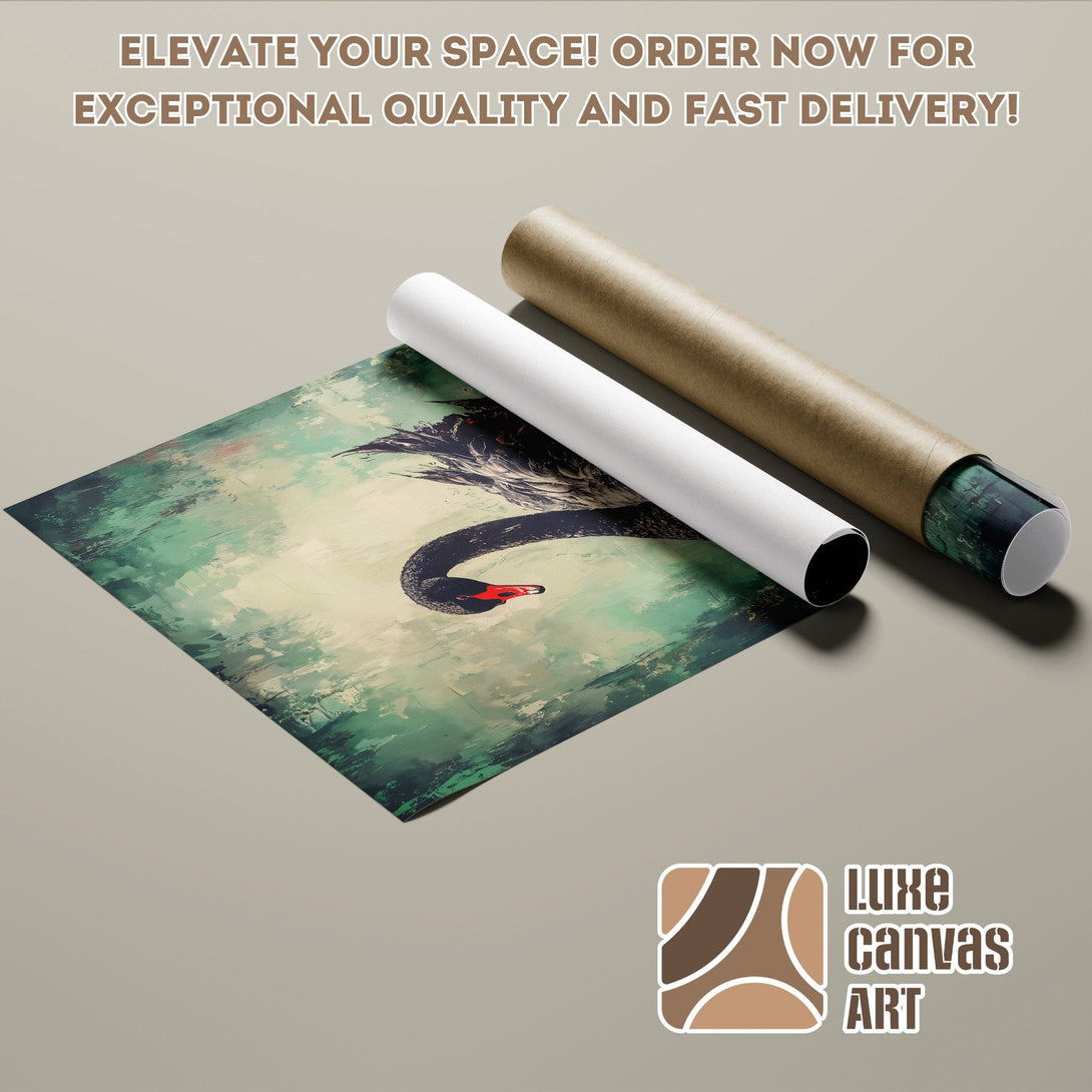 Poster Roll featuring a black swan, abstract style, green and neutral color palette. Elevate your space!