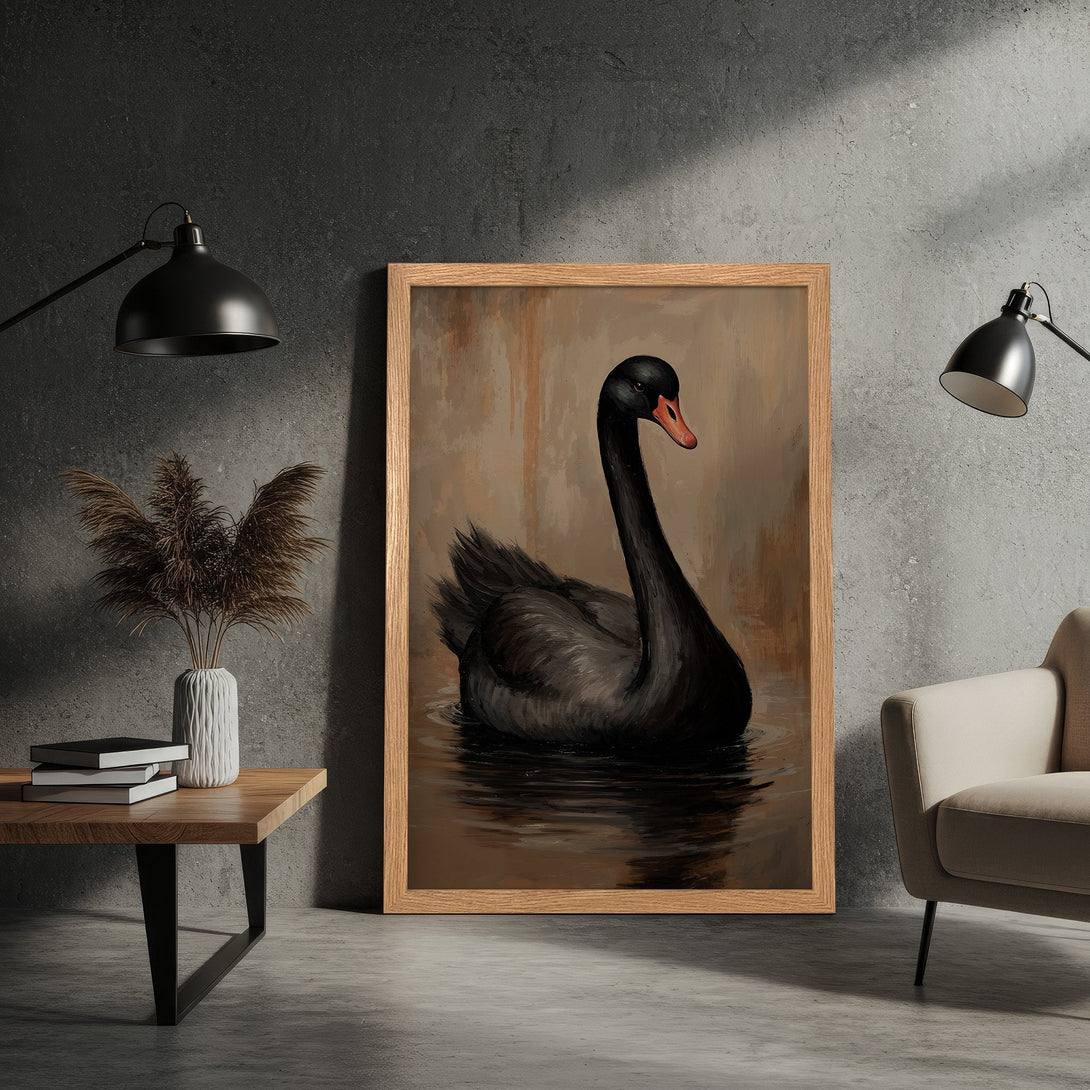 Framed Poster featuring a black swan artwork. Elegant, artistic style with a warm, earthy color palette. Perfect wall art!