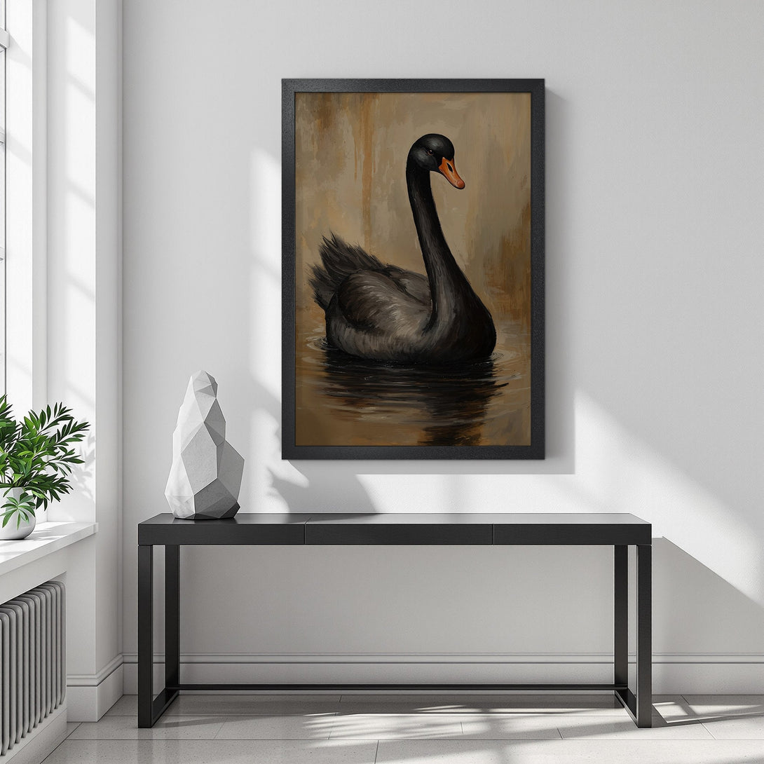 Framed Poster featuring a black swan painting. Elegant, artistic style with a neutral, warm color palette. Perfect wall art for your home.