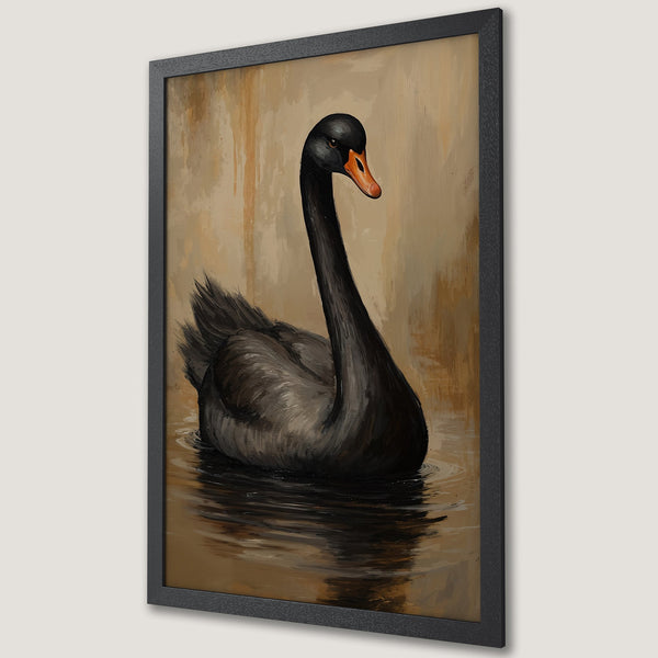 Framed Poster featuring a black swan painting. Artistic style with a warm, earthy color palette. Perfect wall art for any space.