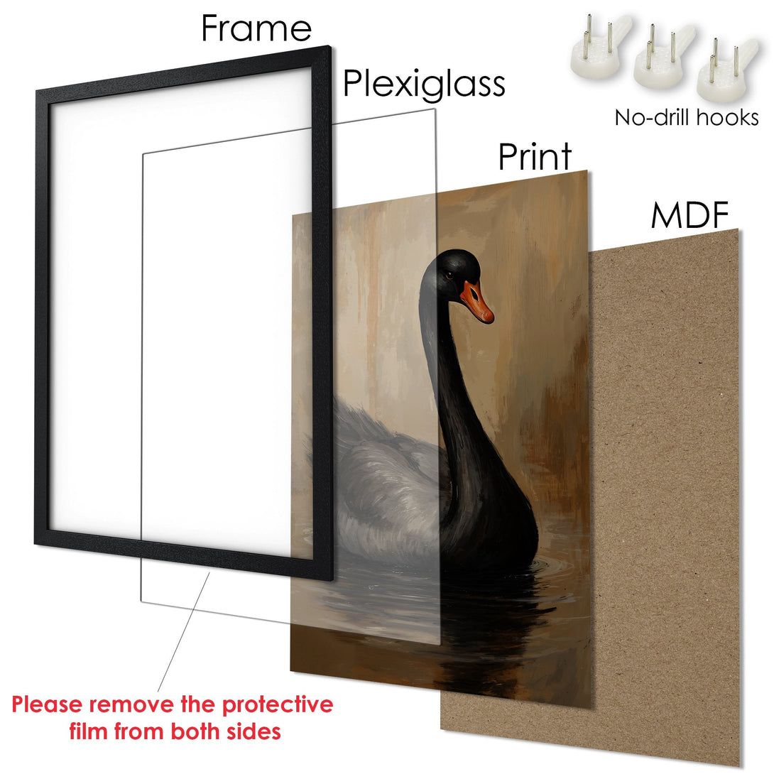 Framed Poster featuring a black swan in an artistic style with a neutral color palette. Ready to hang!