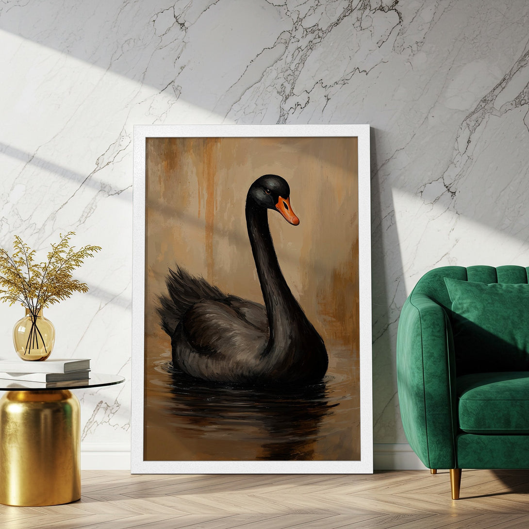 Framed Poster of a black swan in a painterly style, with a warm, earthy color palette. Perfect art for your home!