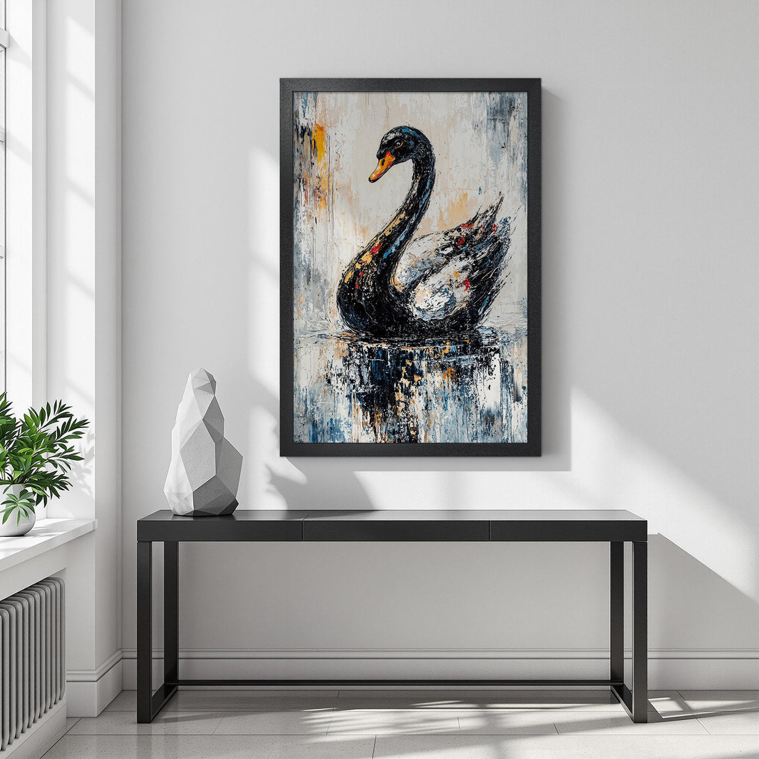 Framed Poster featuring a black swan abstract painting. Modern style with a neutral color palette, perfect for home decor.