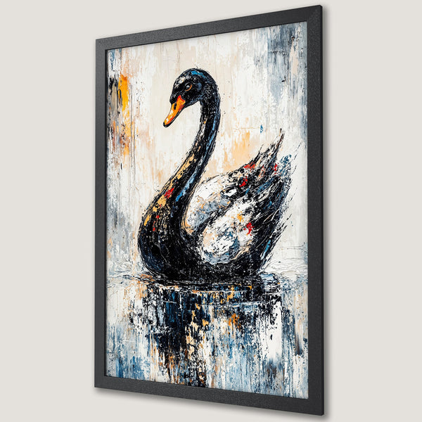 Framed Poster featuring an abstract black swan painting. Modern art style with a muted, neutral color palette. Perfect wall decor.