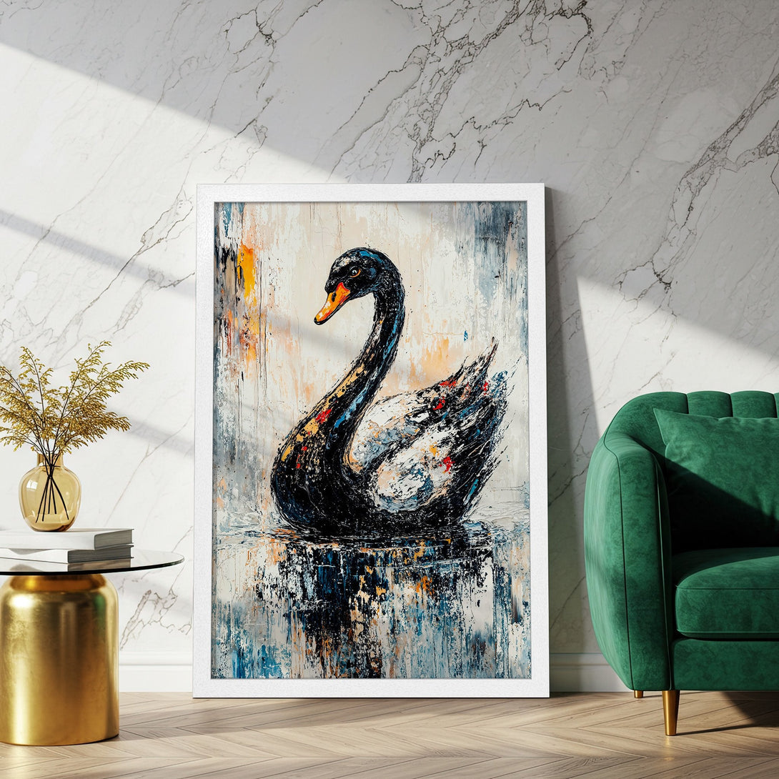 Framed Poster of a black swan in an abstract style. Features a white, blue, and orange color palette. Perfect wall art!