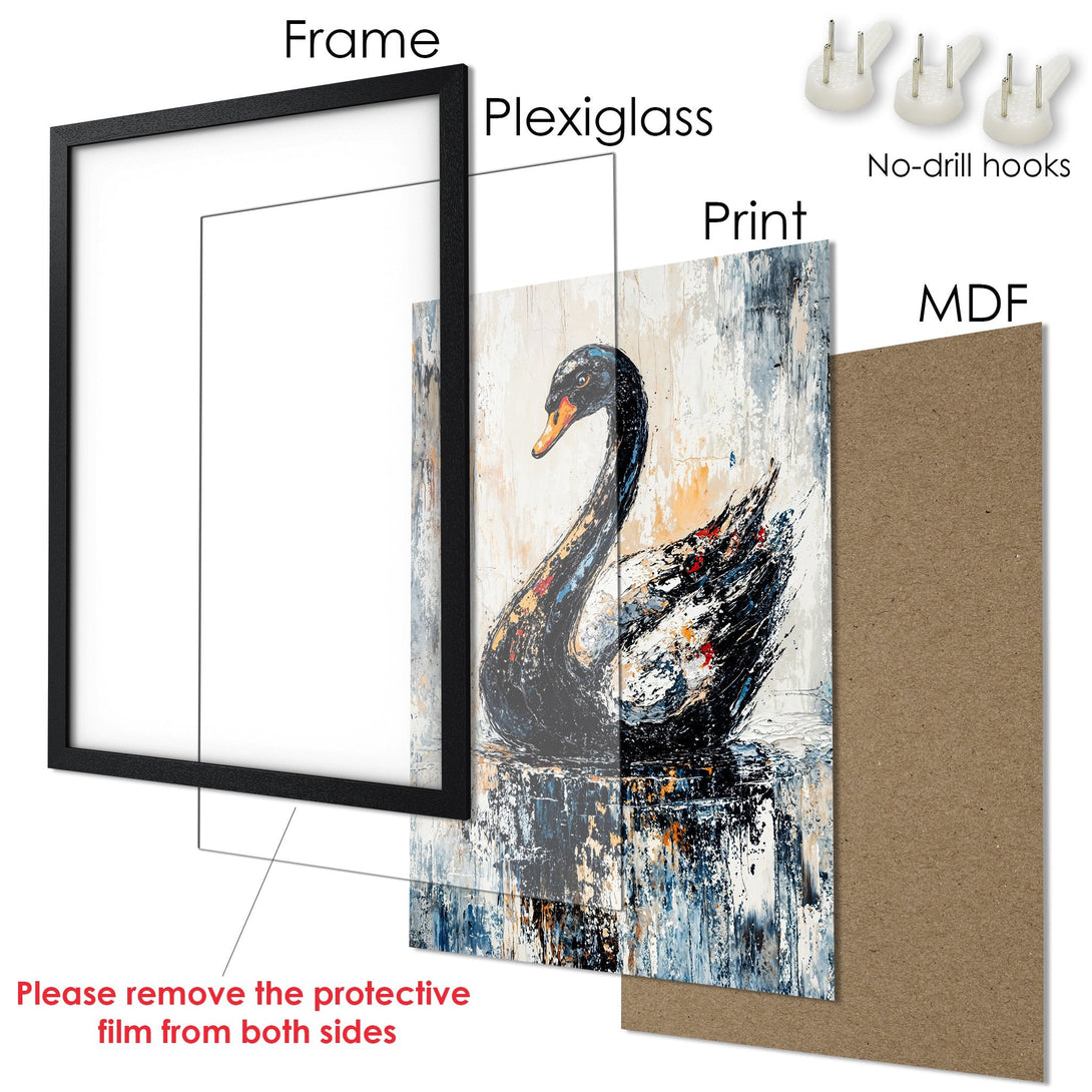 Framed Poster featuring a black swan in an abstract style, showcasing a neutral, blue, and orange color palette. Perfect wall art!