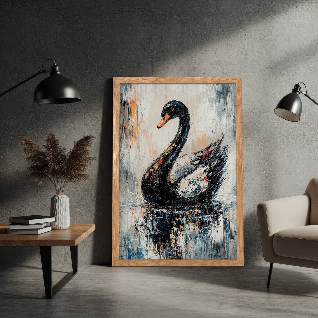 Framed Poster featuring a black swan abstract art print. Modern style with neutral, blue, and orange color palette. Perfect wall decor.