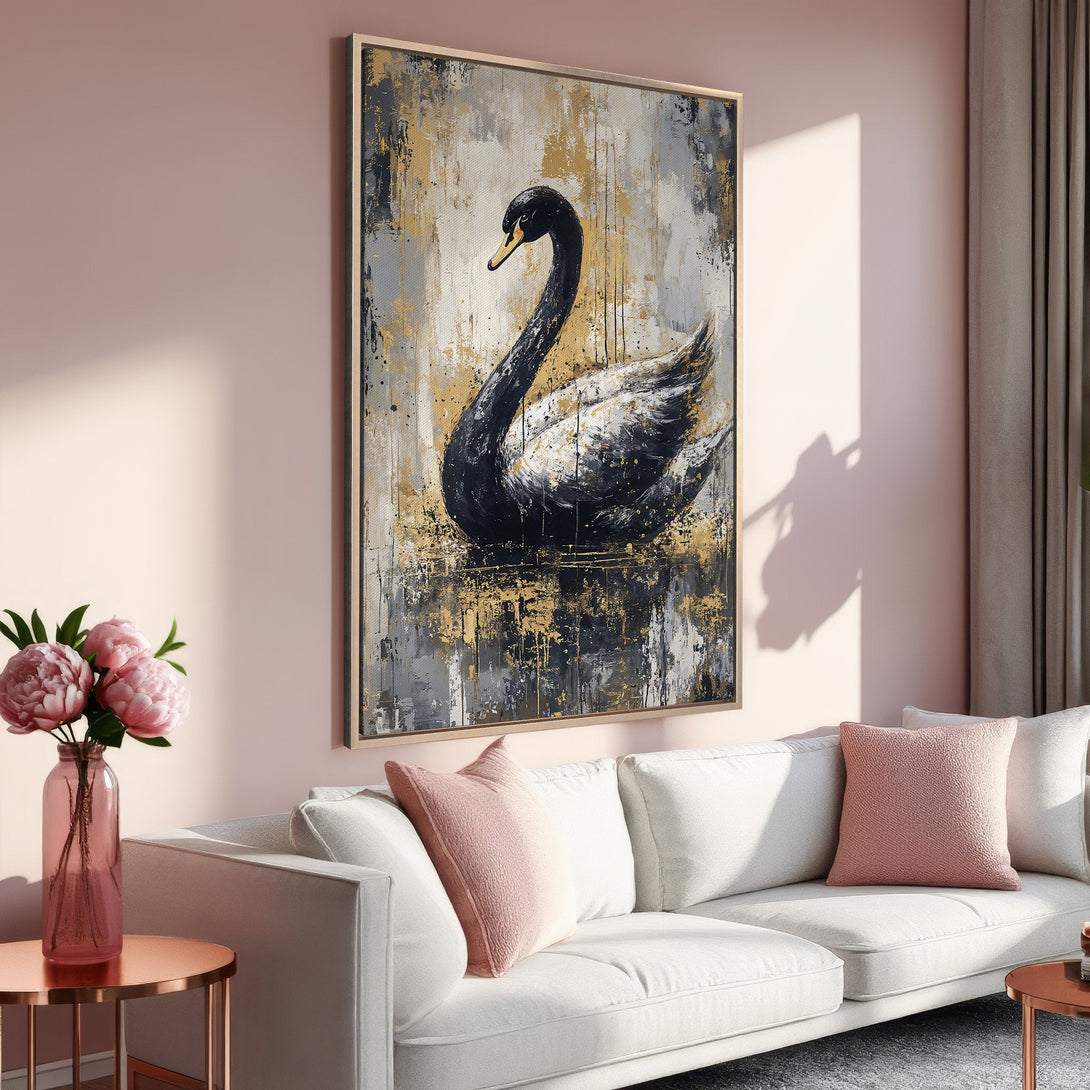 Framed Wall Art: Black swan painting with gold accents. Elegant art in a modern interior with a blush and gold color palette. Elevate your space!