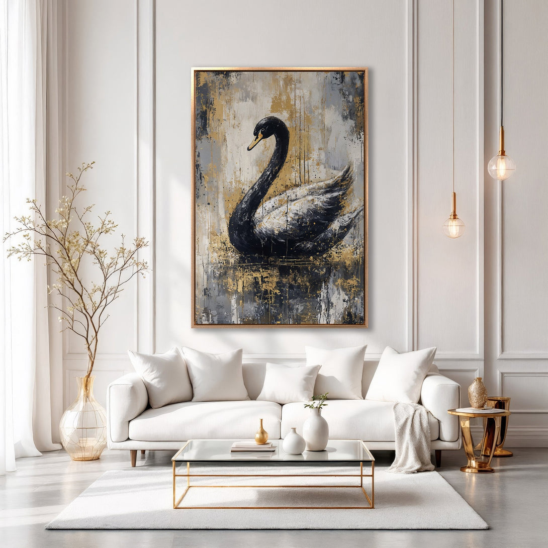 Framed Wall Art: Elegant black swan painting with gold accents. Modern art piece with a neutral color palette, perfect for living room decor.