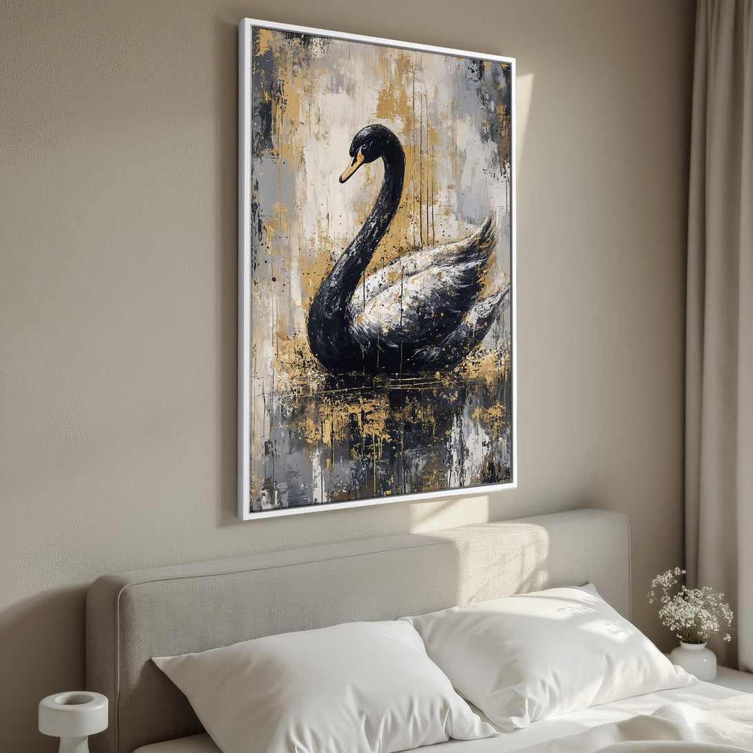 Framed Wall Art: Elegant black swan painting with gold accents. Modern art decor in a neutral color palette, perfect for bedroom or living room.