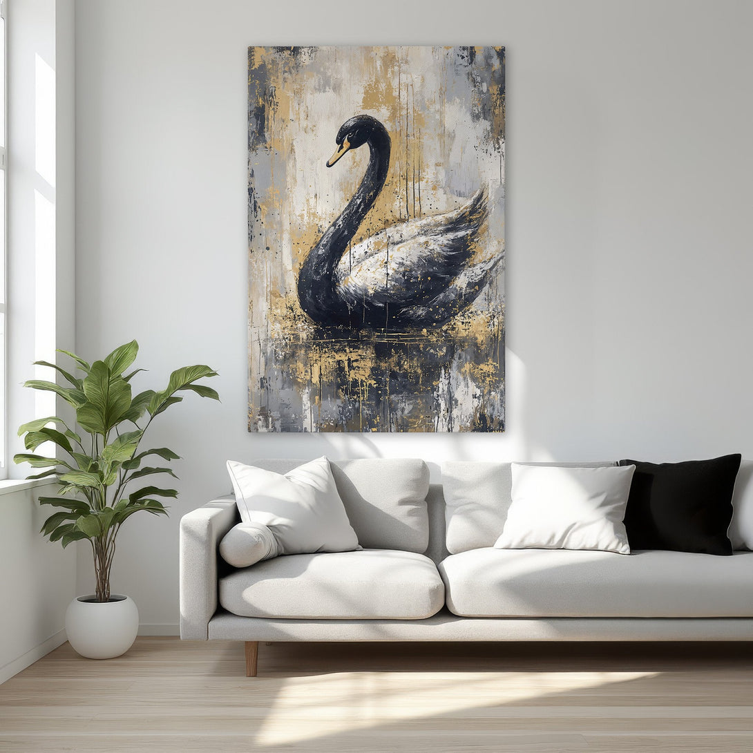 Framed Wall Art featuring a black swan in a gold and gray abstract style. Elegant Canvas Print for bedroom decor, showcasing a luxurious color palette.