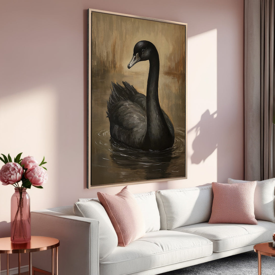 Framed Wall Art featuring a black swan painting. Elegant, classic style with a warm, neutral and pink color palette. Perfect for living room decor.