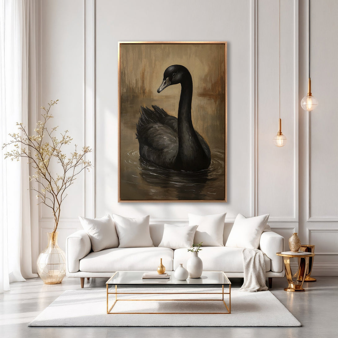 Framed Wall Art: Elegant black swan painting in a gold frame. Neutral color palette, perfect for modern decor. Elevate your space with this stunning Canvas Print.
