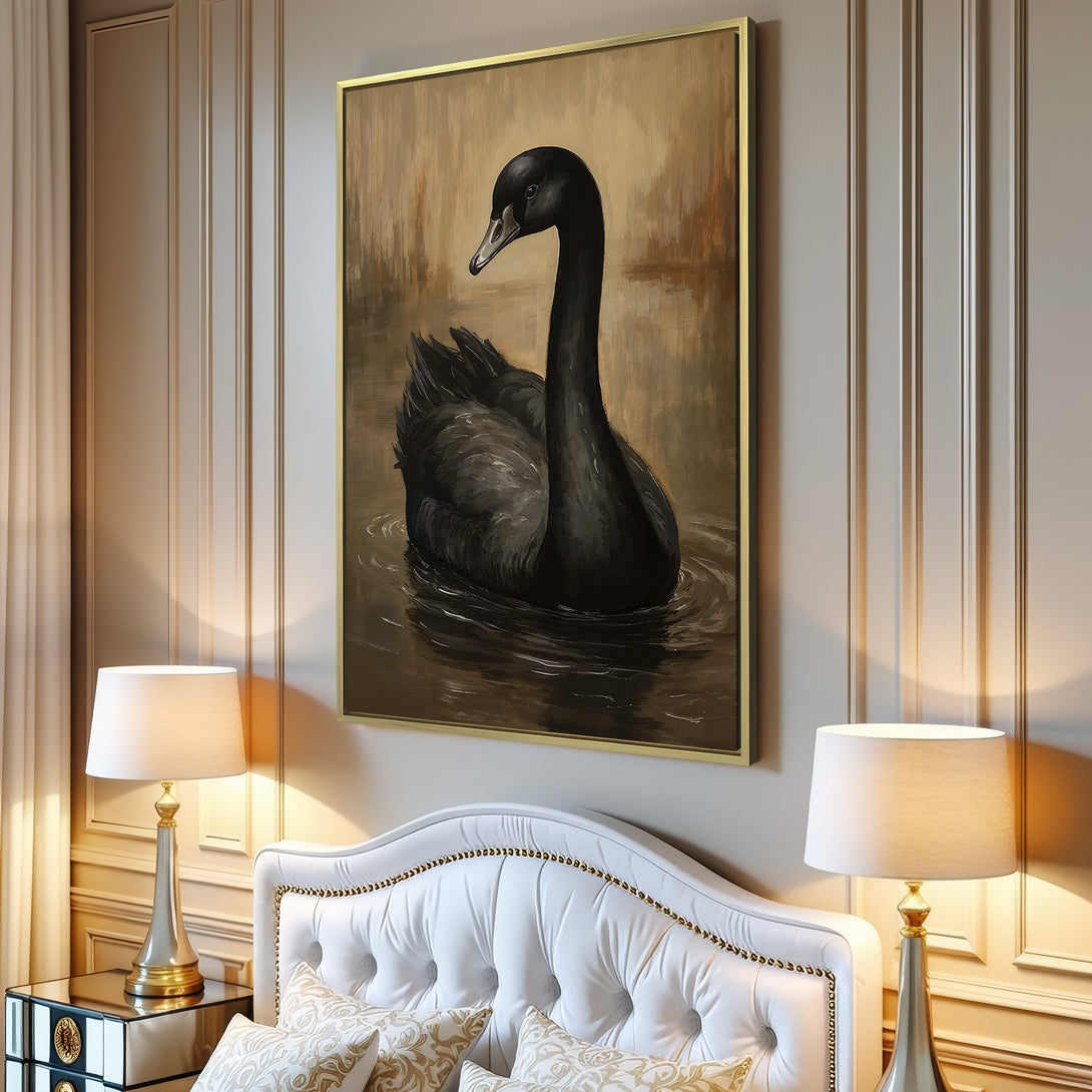 Canvas Print of a black swan in a serene, painterly style with a warm, neutral color palette. Perfect for modern home decor.