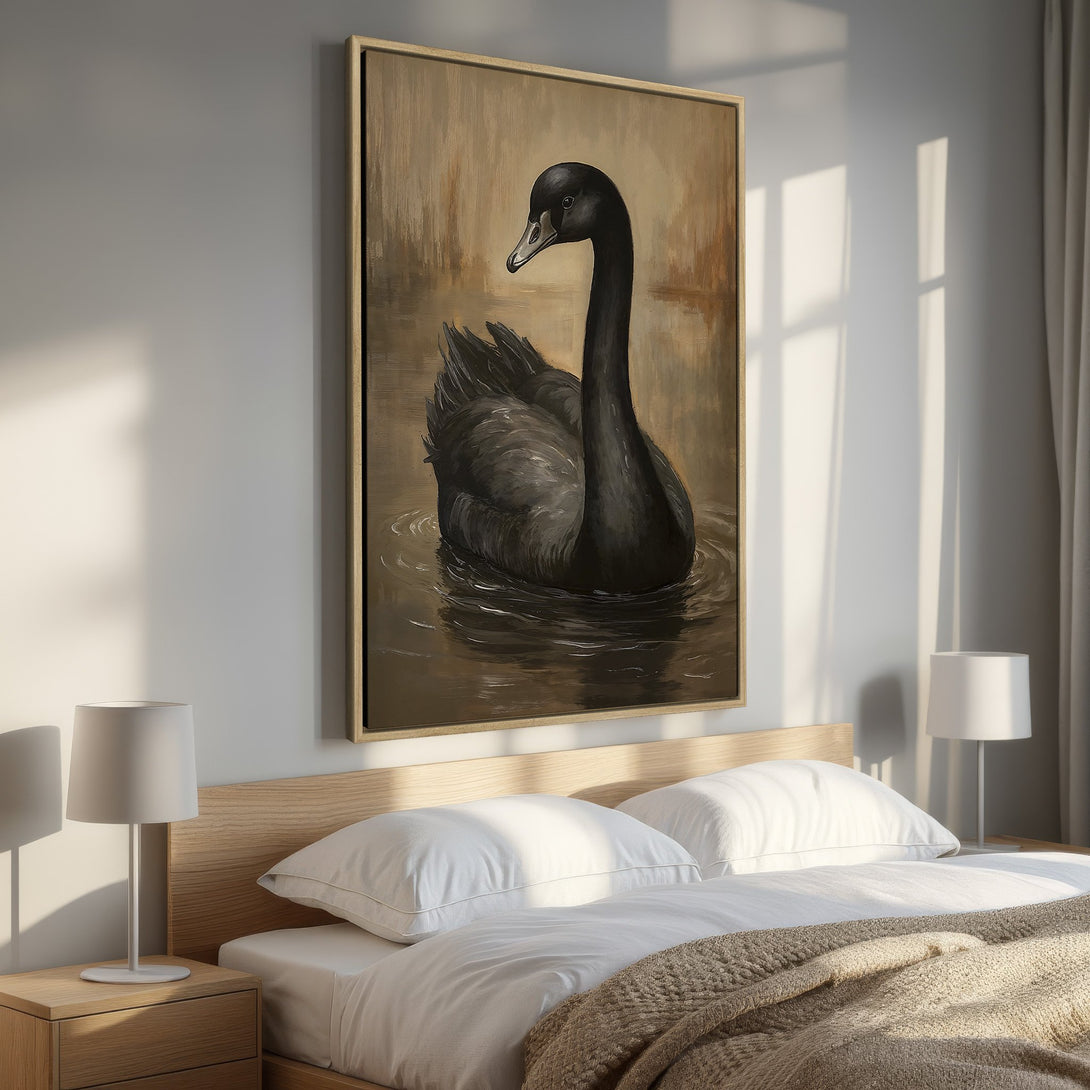 Framed Wall Art: Black swan painting in neutral tones. Elegant canvas print for bedroom decor. Enhance your space with this stunning artwork.