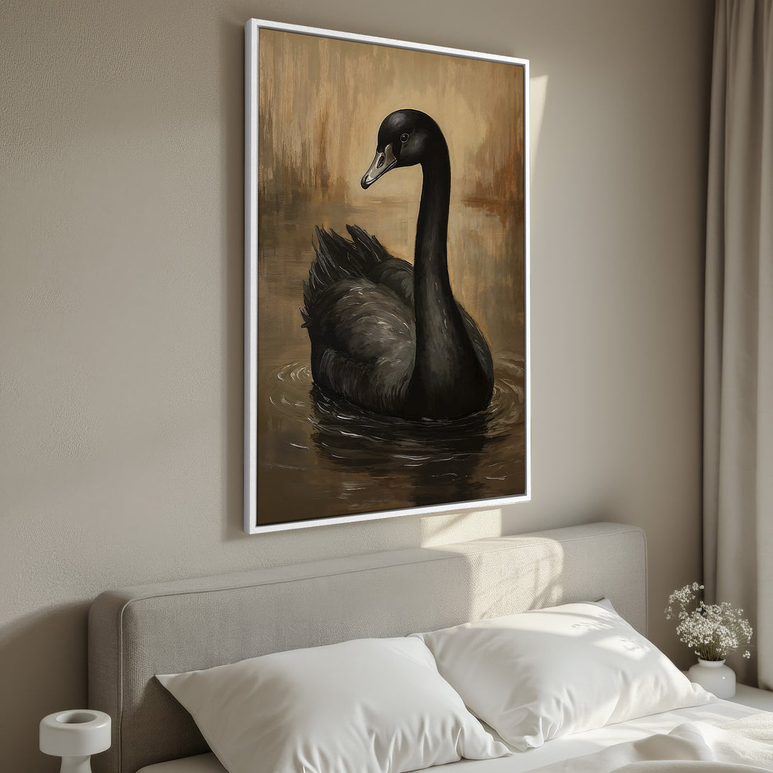Framed Wall Art: Elegant black swan painting in a warm, neutral color palette. Perfect for adding a touch of sophistication to your bedroom decor.
