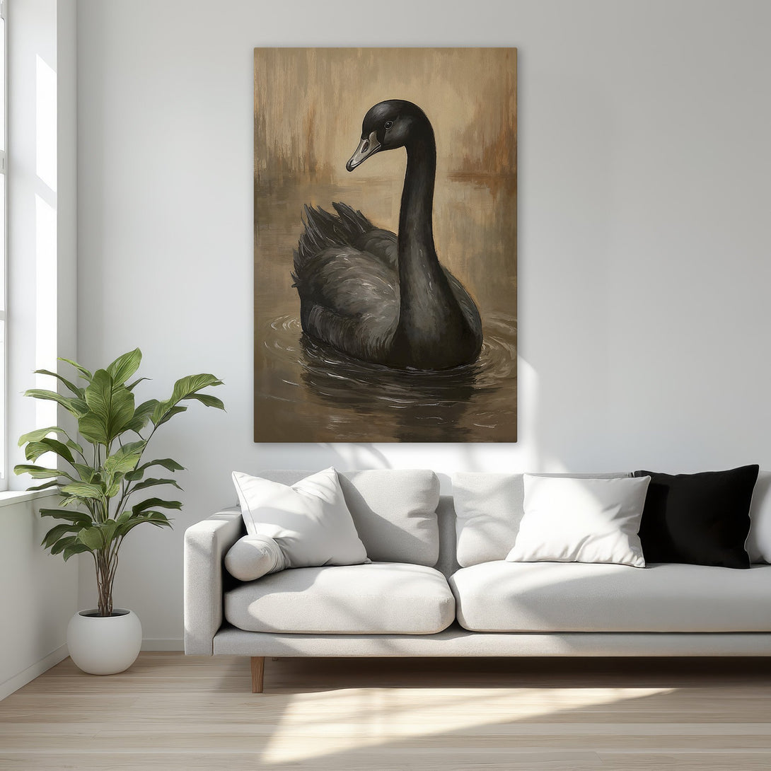 Framed Wall Art featuring a black swan painting in a luxurious interior. Elegant artwork with a neutral, warm color palette. Perfect for home decor.