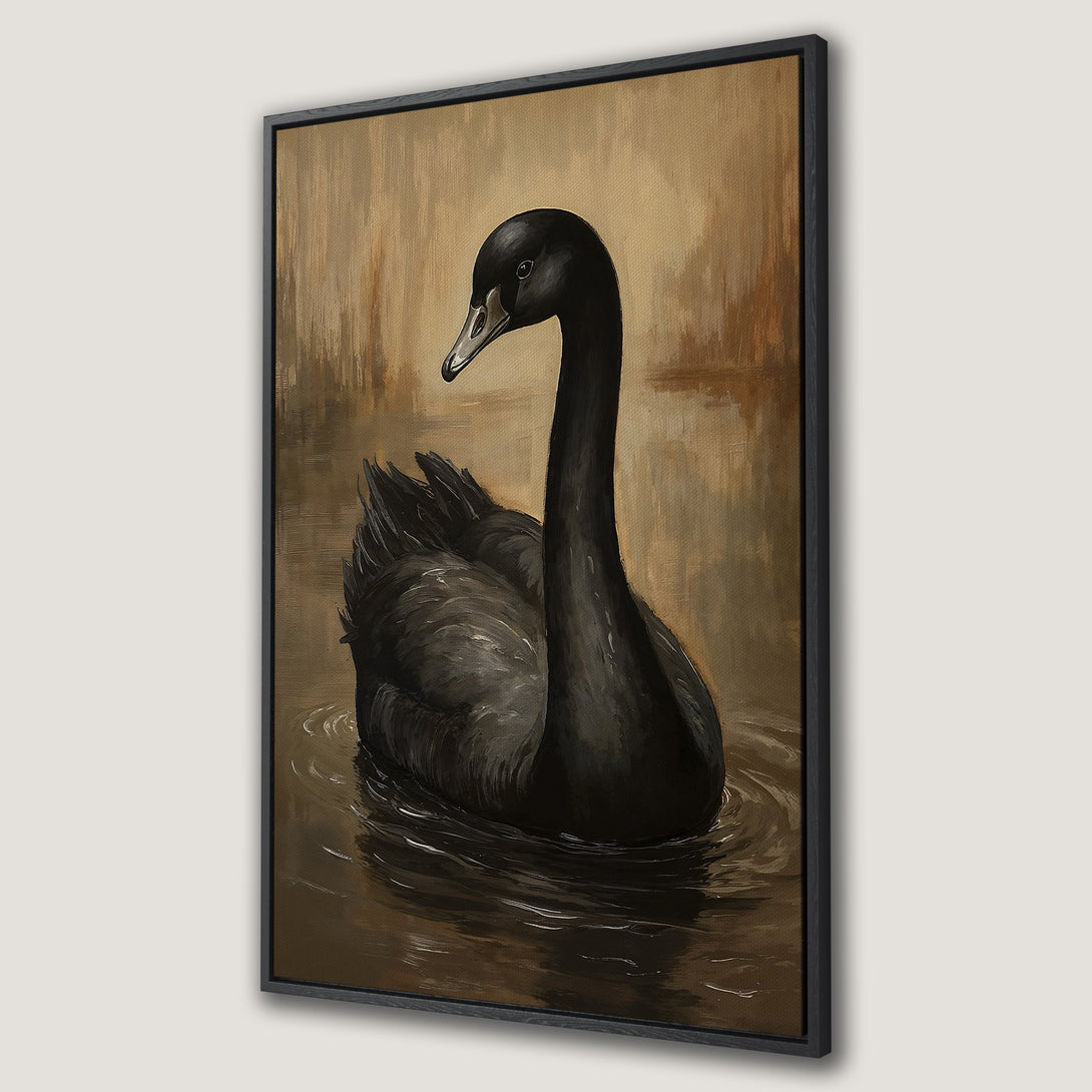 Framed Wall Art featuring a black swan painting in a warm, neutral color palette. Elegant decor for any space.