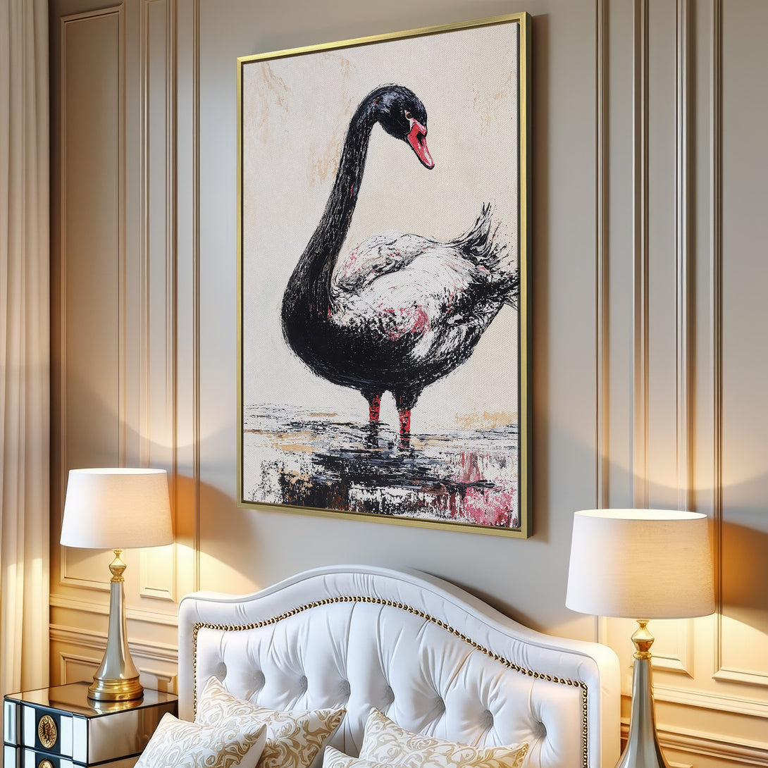 Canvas Print of a black swan in a minimalist style with a neutral and pink palette. Perfect wall art for modern home decor.