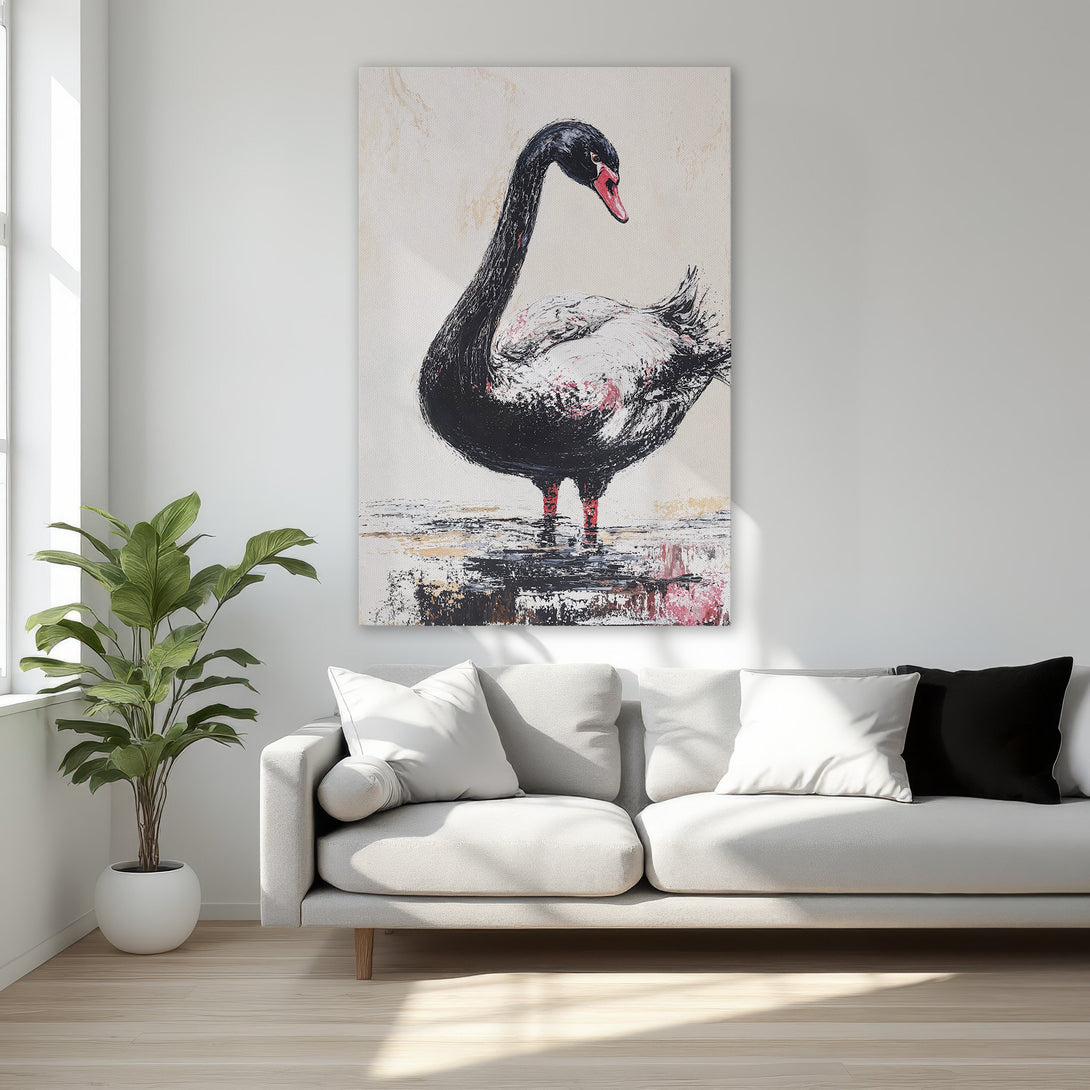 Framed Wall Art: Elegant black swan painting with gold frame. Modern brushstroke style with neutral and pink color palette. Perfect bedroom decor.