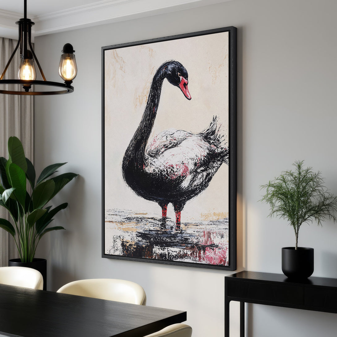 Framed Wall Art: Stunning black swan painting in a modern style. Neutral color palette with pops of red. Perfect for adding elegance to your home decor.
