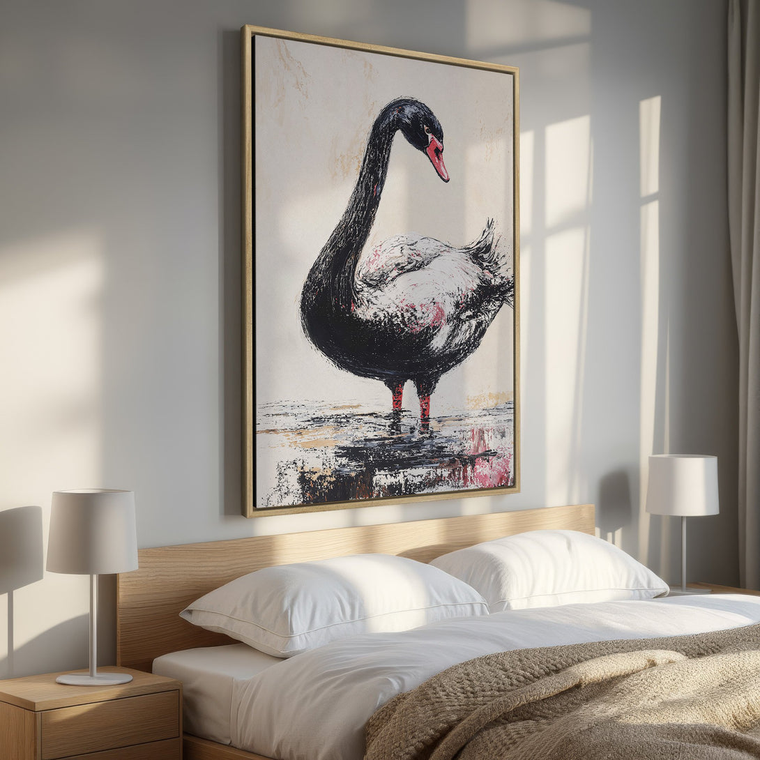 Framed Wall Art: Black swan painting in bedroom. Modern abstract style with black, white, and pink color palette. Enhance your space with this stunning canvas print!