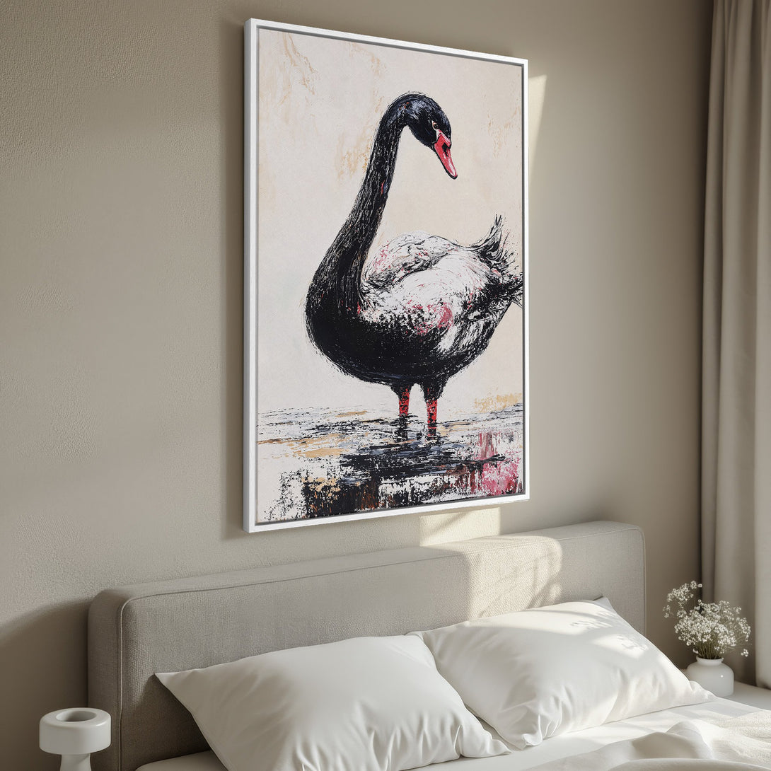 Framed Wall Art: Black swan painting in a modern style with a neutral color palette. Perfect for bedroom decor. Shop canvas prints today!