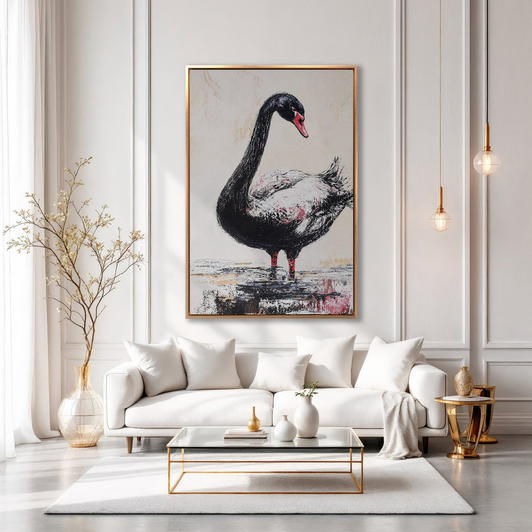 Framed Wall Art: Elegant black swan painting in neutral tones. Modern canvas print adds sophistication to any living room. Shop now for stylish wall decor!