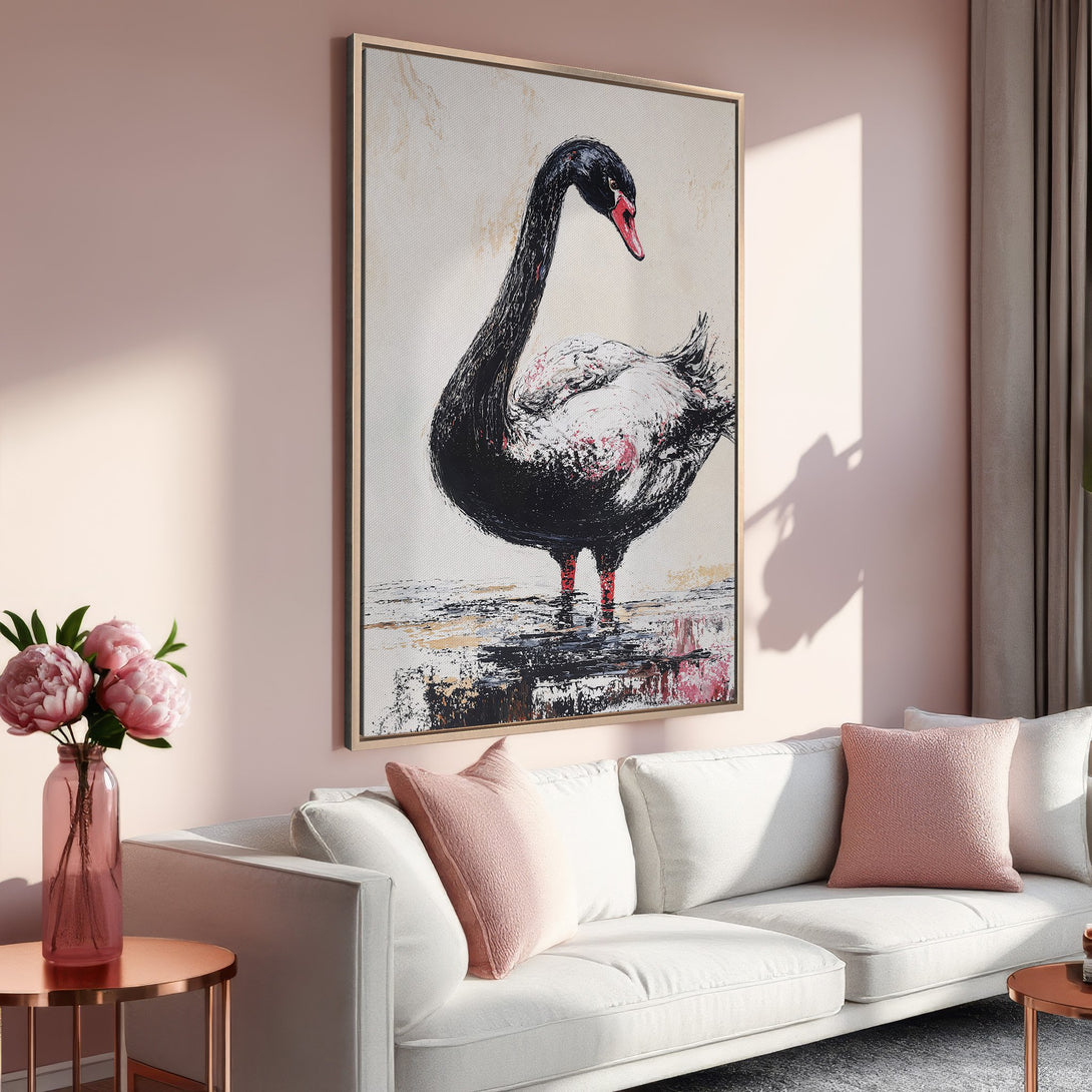 Framed Wall Art: Black swan painting in a modern style, featuring a black and white color palette with pops of pink, displayed in a stylish interior.