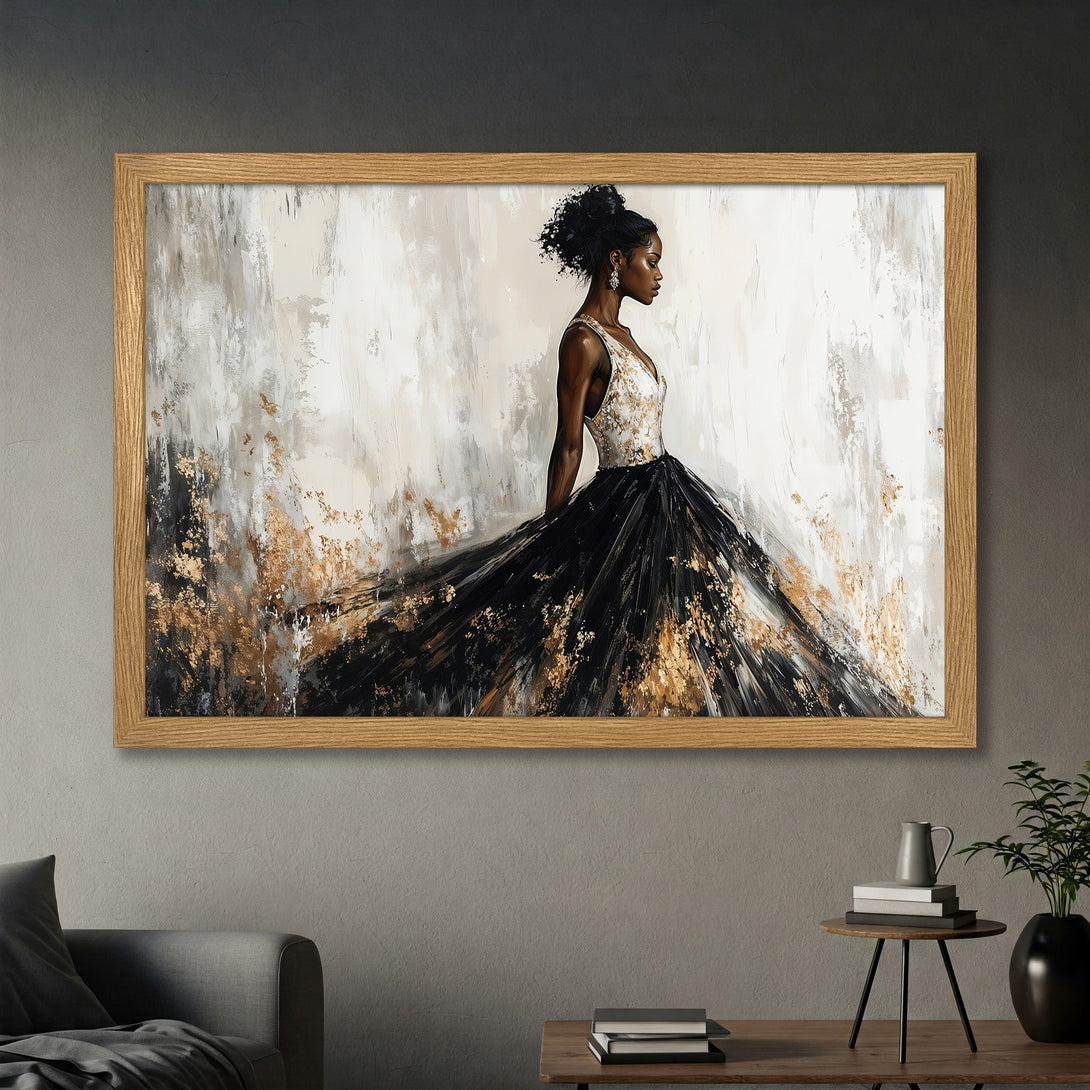 Framed Poster featuring a black woman in a flowing gown, abstract style, with a black, white, and gold color palette.