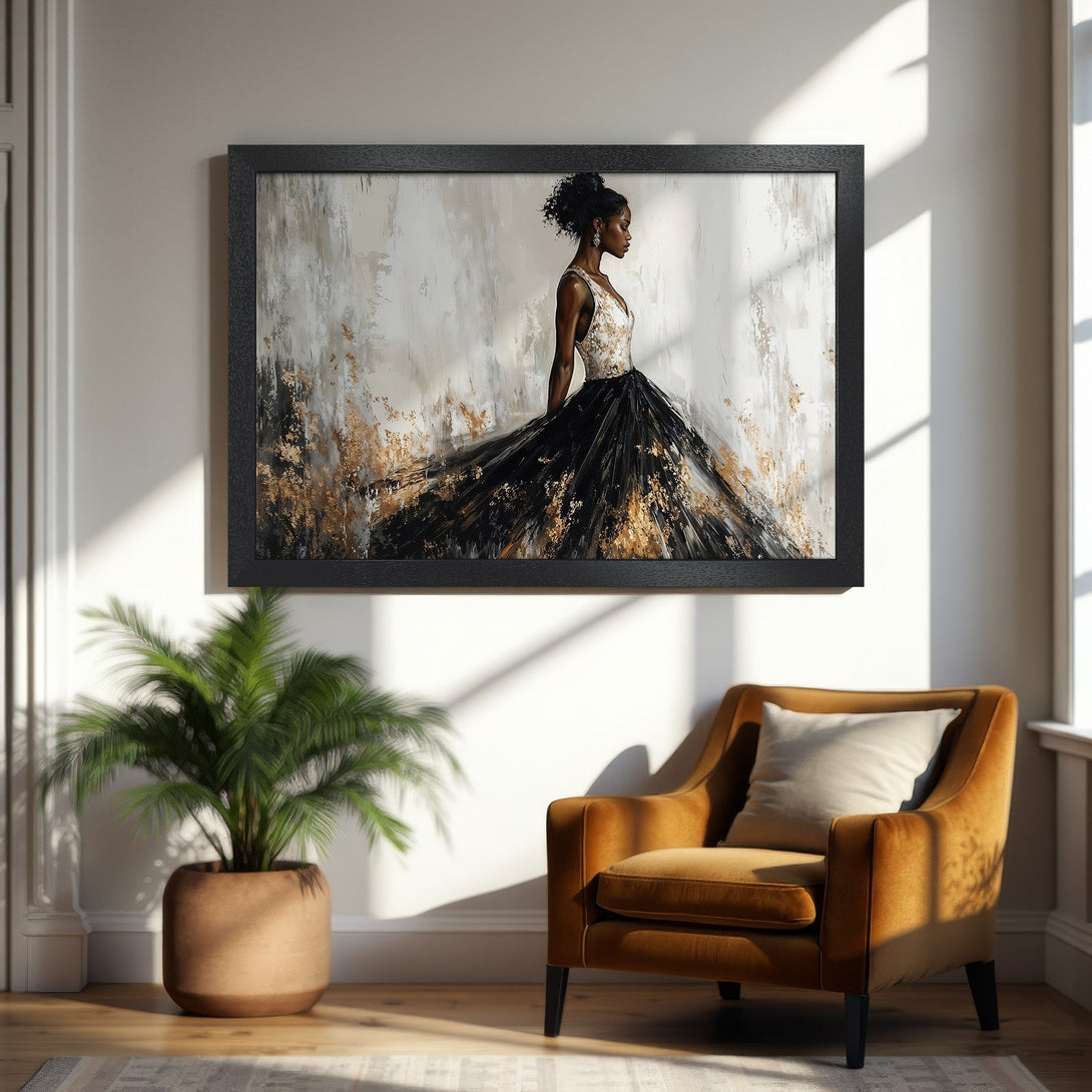 Framed Poster: Elegant woman in black gown, abstract art style, neutral & gold palette. Perfect wall decor!