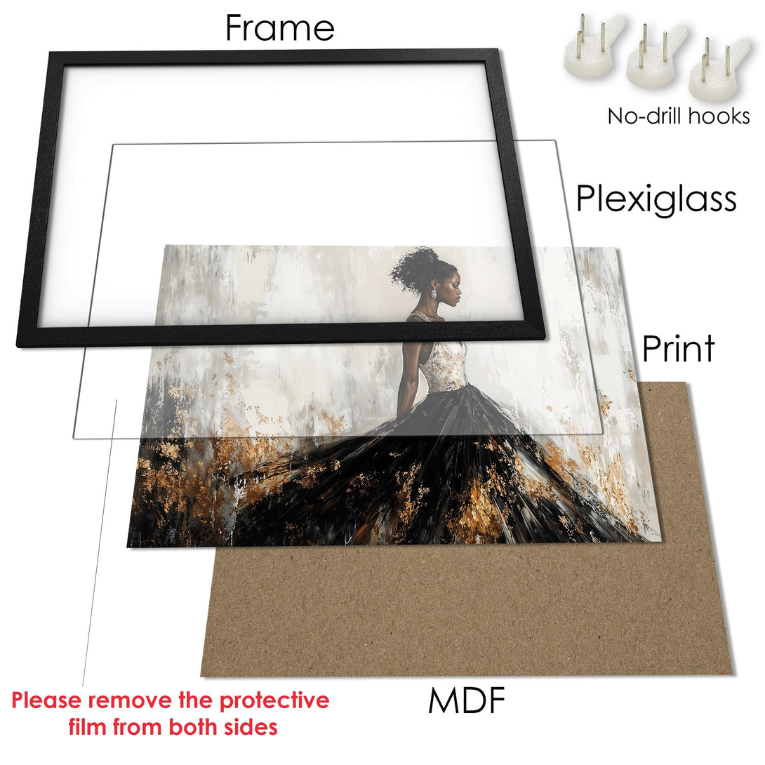 Framed Poster featuring a woman in a black dress, abstract art style, with a neutral and gold color palette. Perfect wall decor!