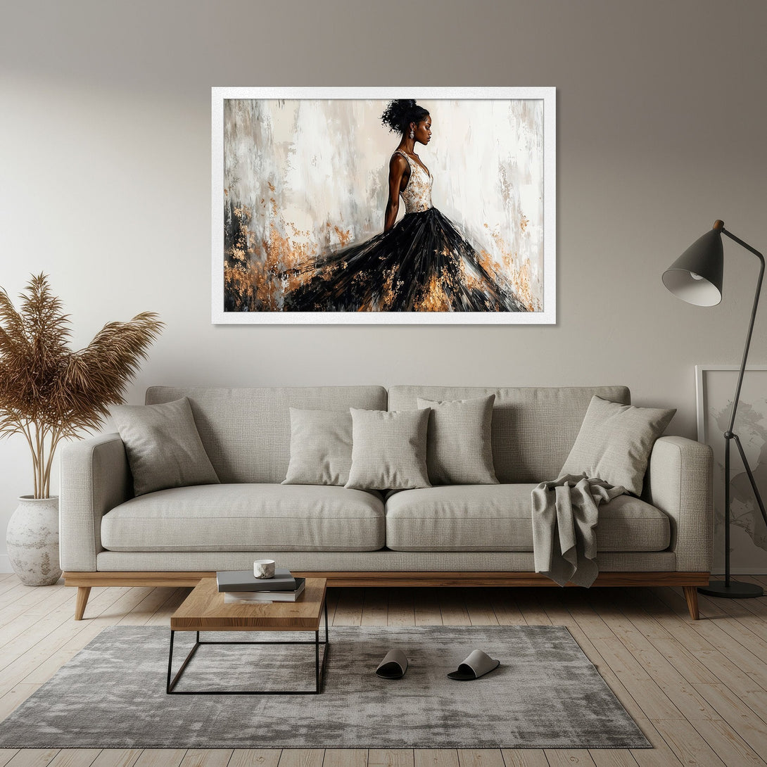 Framed Poster featuring a woman in a gown, abstract style, with black, gold, and neutral tones. Perfect wall art for any room!