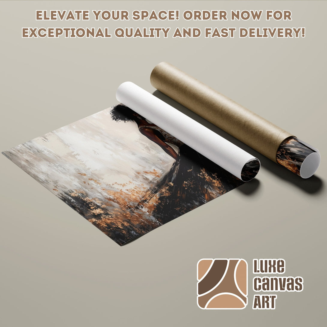 Abstract art Poster Roll featuring a woman in a neutral color palette with gold accents.
