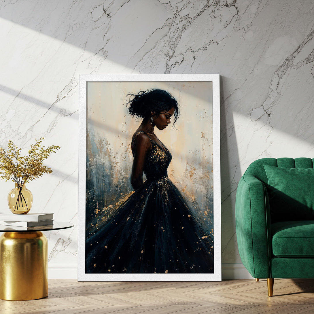 Framed Poster of elegant woman in black dress, abstract style, with gold and blue accents. Perfect wall art for your home!