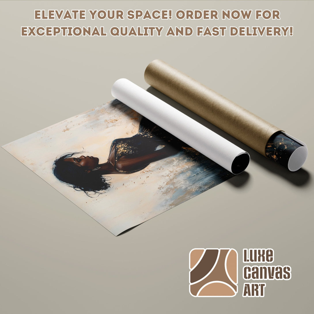 Abstract art poster roll featuring a woman, neutral tones with gold accents. Elevate your space!